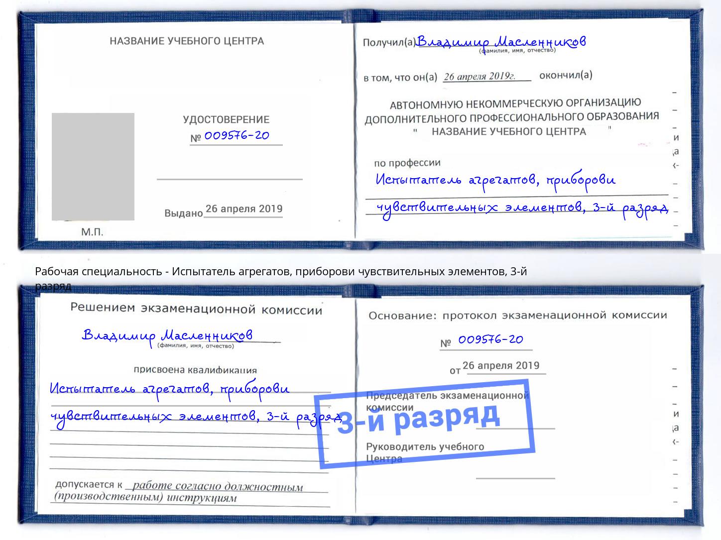 корочка 3-й разряд Испытатель агрегатов, приборови чувствительных элементов Изобильный