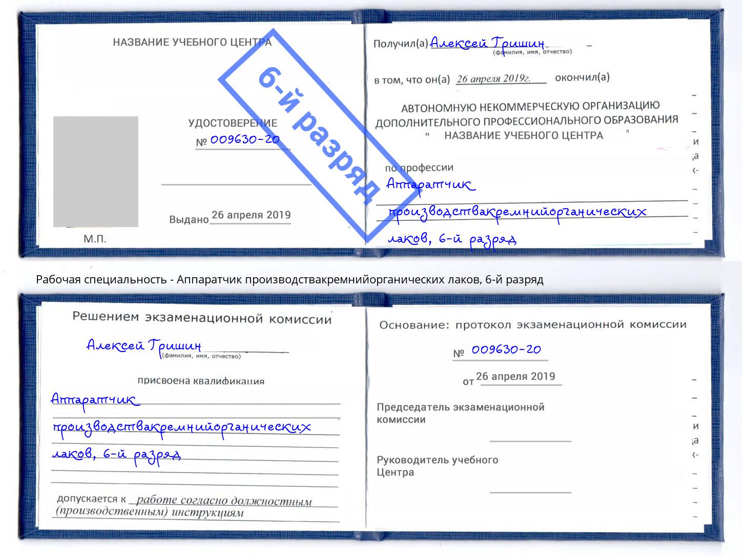 корочка 6-й разряд Аппаратчик производствакремнийорганических лаков Изобильный