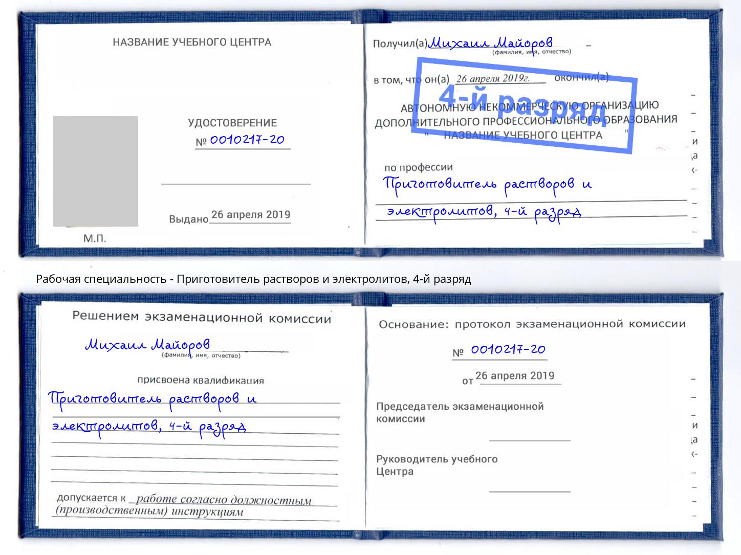корочка 4-й разряд Приготовитель растворов и электролитов Изобильный