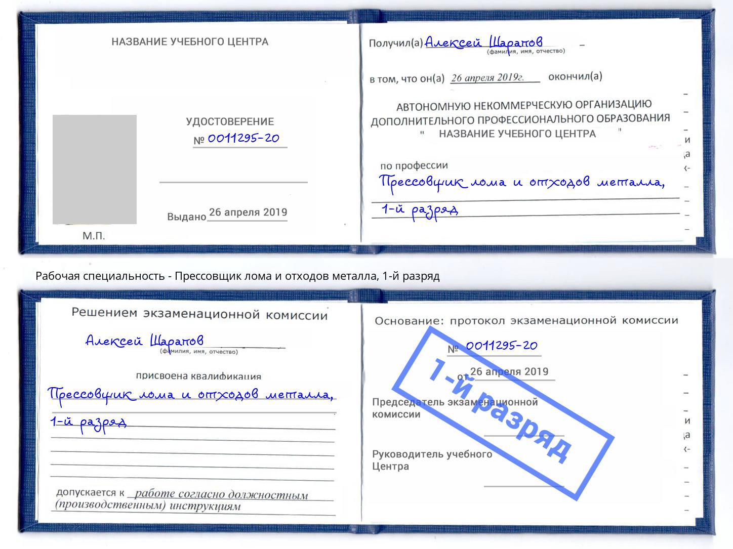 корочка 1-й разряд Прессовщик лома и отходов металла Изобильный