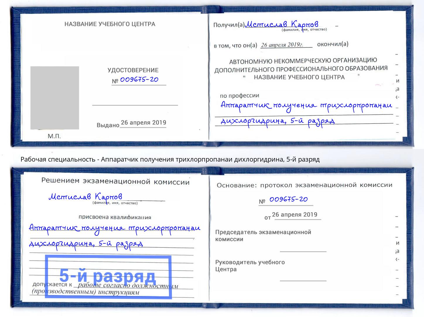корочка 5-й разряд Аппаратчик получения трихлорпропанаи дихлоргидрина Изобильный